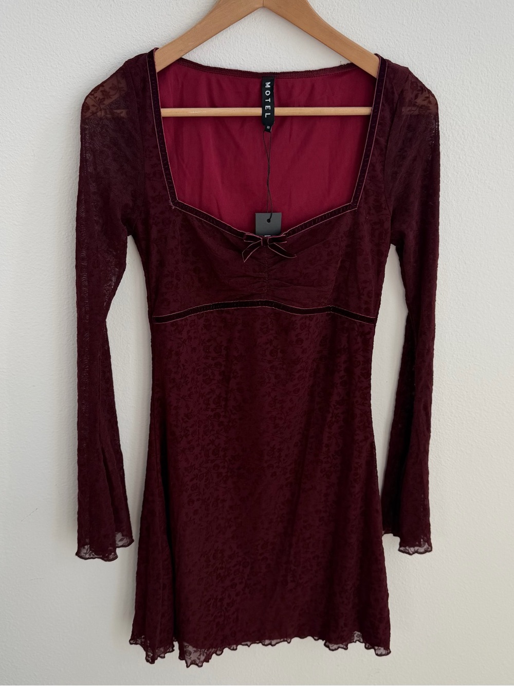 Motel Luth Ditsy Flock Mini Dress Burnt Maroon Velvet Floral NWT S